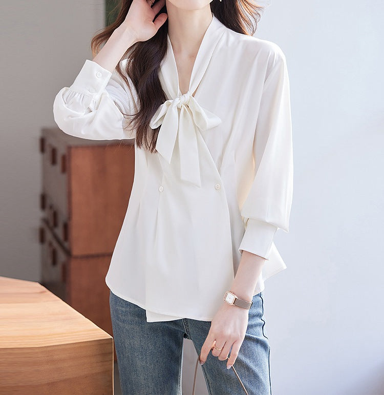 Elegant Women's Bow Detail Long-Sleeve Shirt - Premium Spring & Autumn Fashion Top