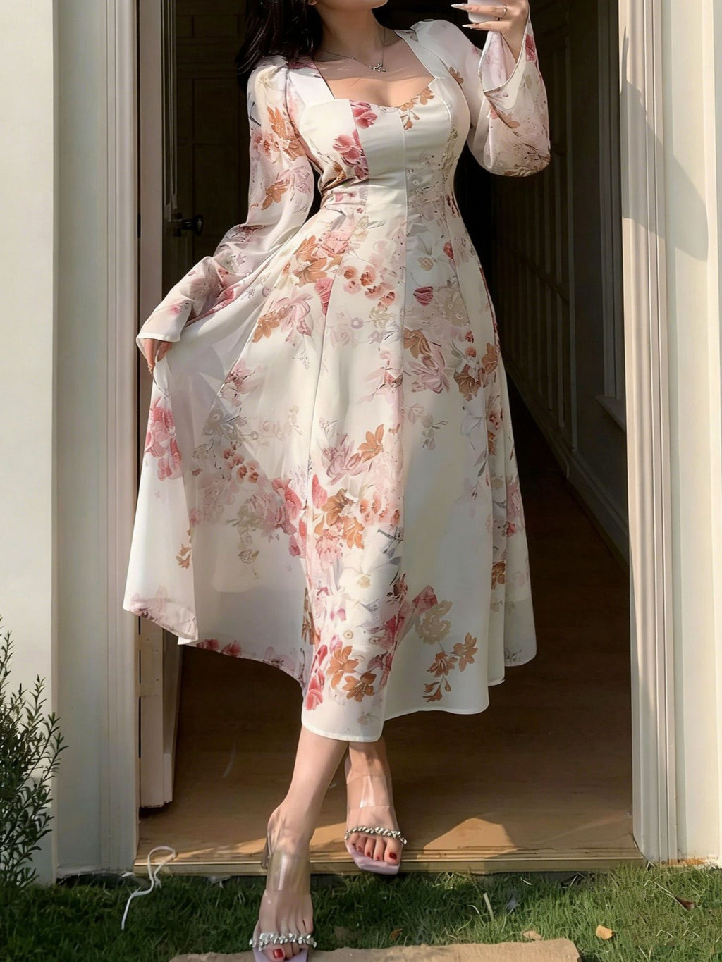 Women's Stylish Waist-Cinching Printed Square Neck Retro Dress with Flattering Fit