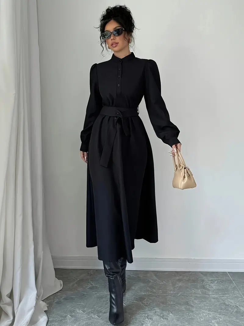 Women's Spring Button-Front Long Sleeve Shirt Dress with Waist-Defining Fit, Solid Color Midi Dress