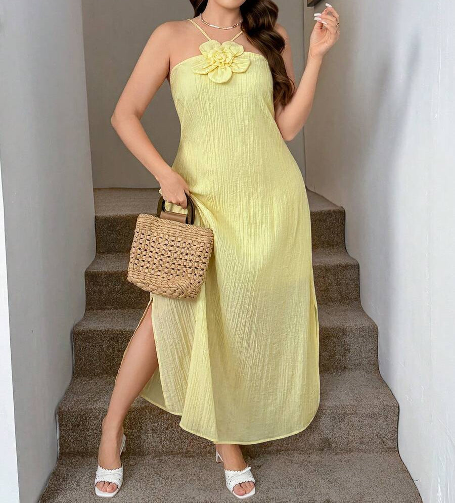 Women's Halter Neck Floral Backless Maxi Dress – Textured Spaghetti Strap Loose Fit Summer Vacation Dress