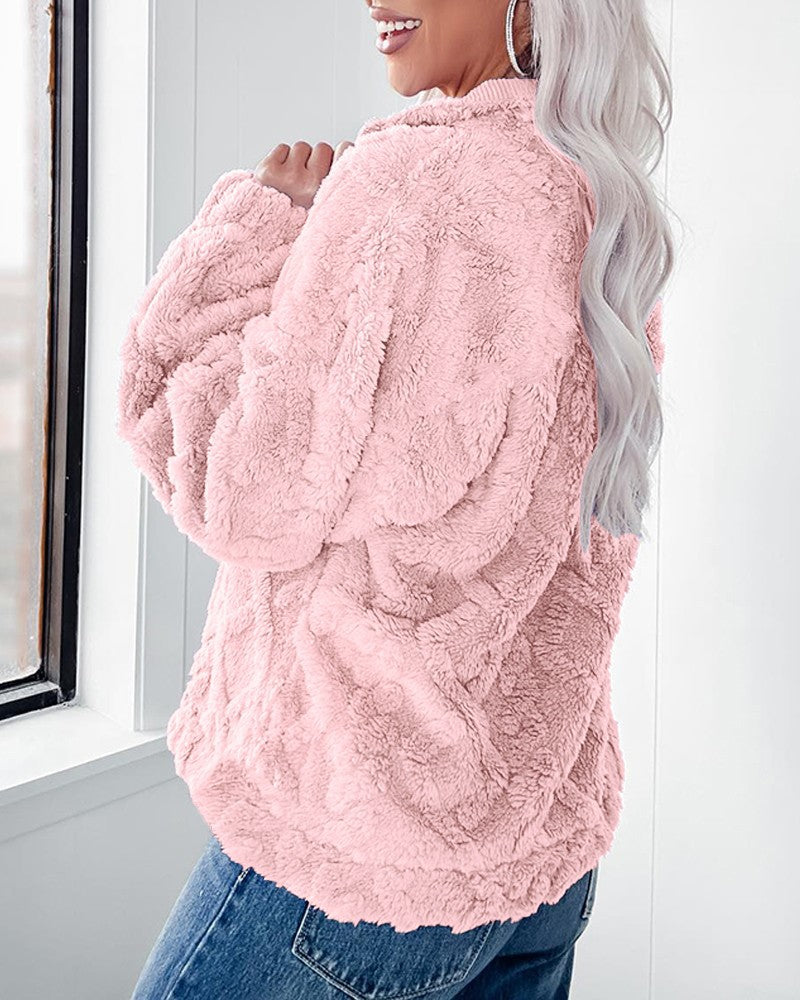 Autumn/Winter Solid Color Half-Zip Stand Collar Plush Pullover Sweatshirt