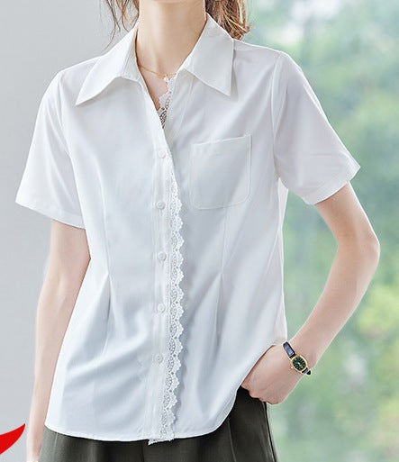 Women's White Lace Shirt - Short-Sleeved Lightweight Summer Top