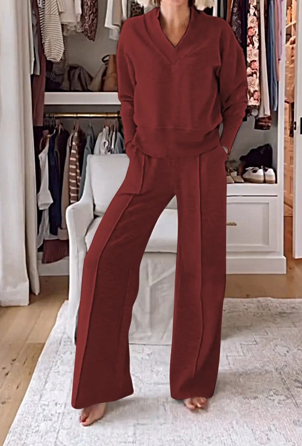 New Casual V-Neck Long Sleeve Loose Top & Wide-Leg Pants Two-Piece Lounge Set