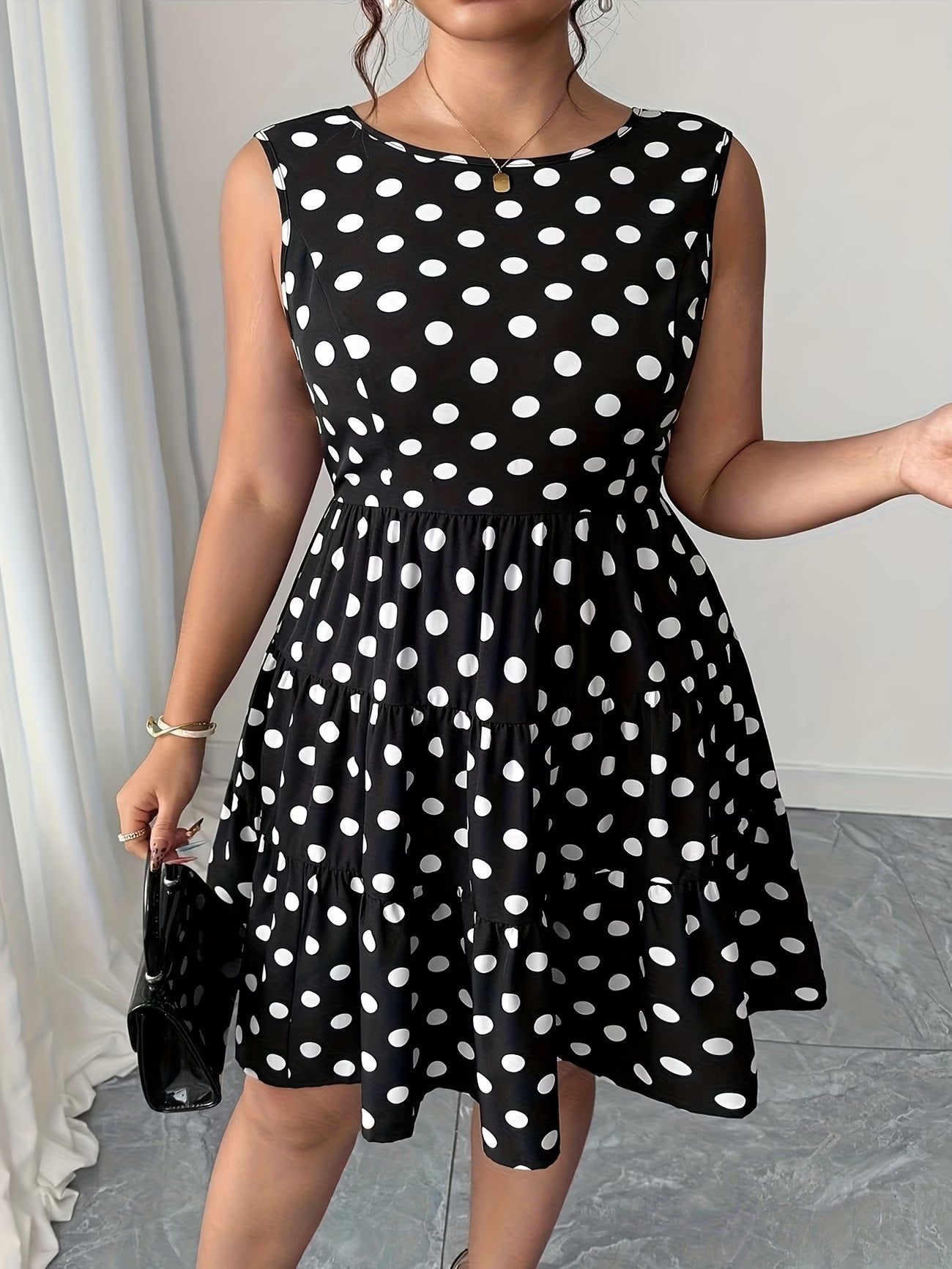 Women's Plus Size Polka Dot Midi Dress - Summer Retro Style, Waist-Defining, Short Sleeve, Comfortable Casual Dress