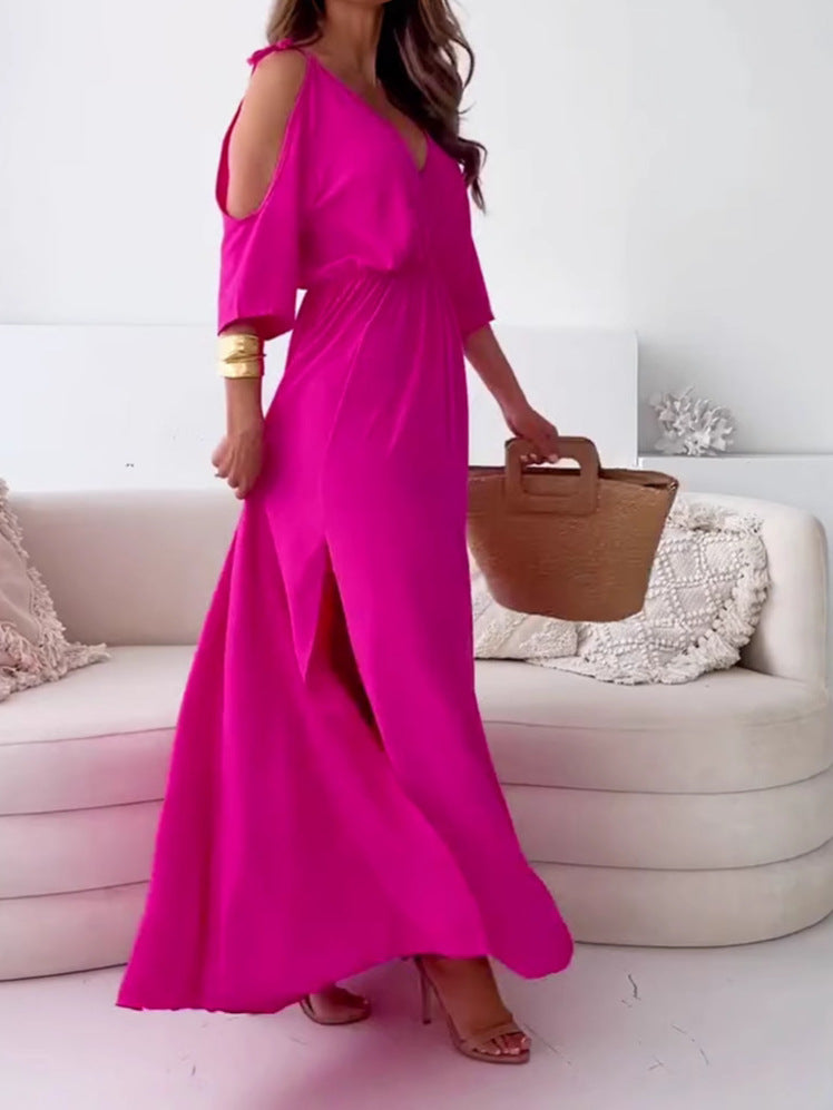 Women's Off-Shoulder V-Neck Waist A-Line Hem Dress