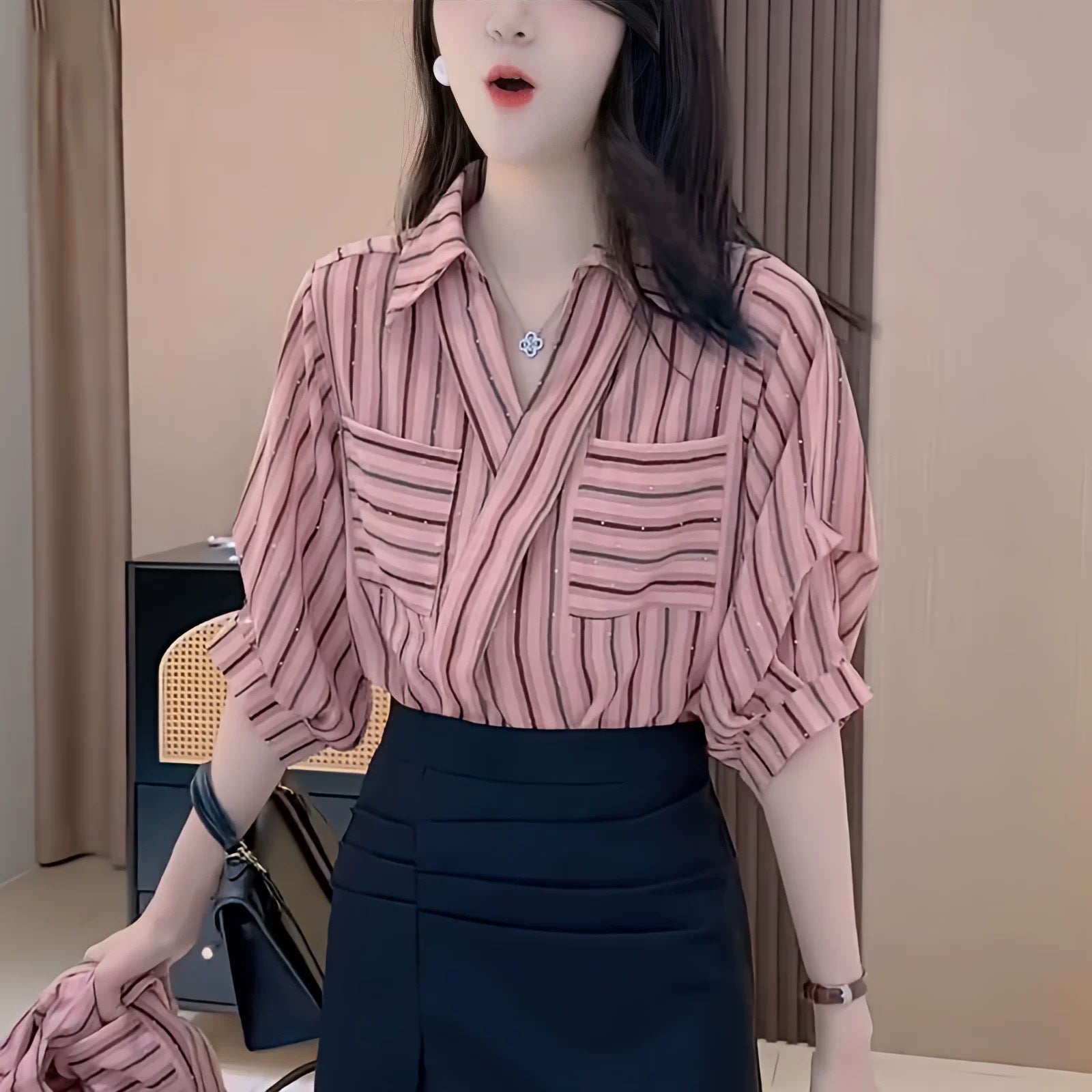 Women's Elegant Summer Chiffon Striped Thin Shirt Top