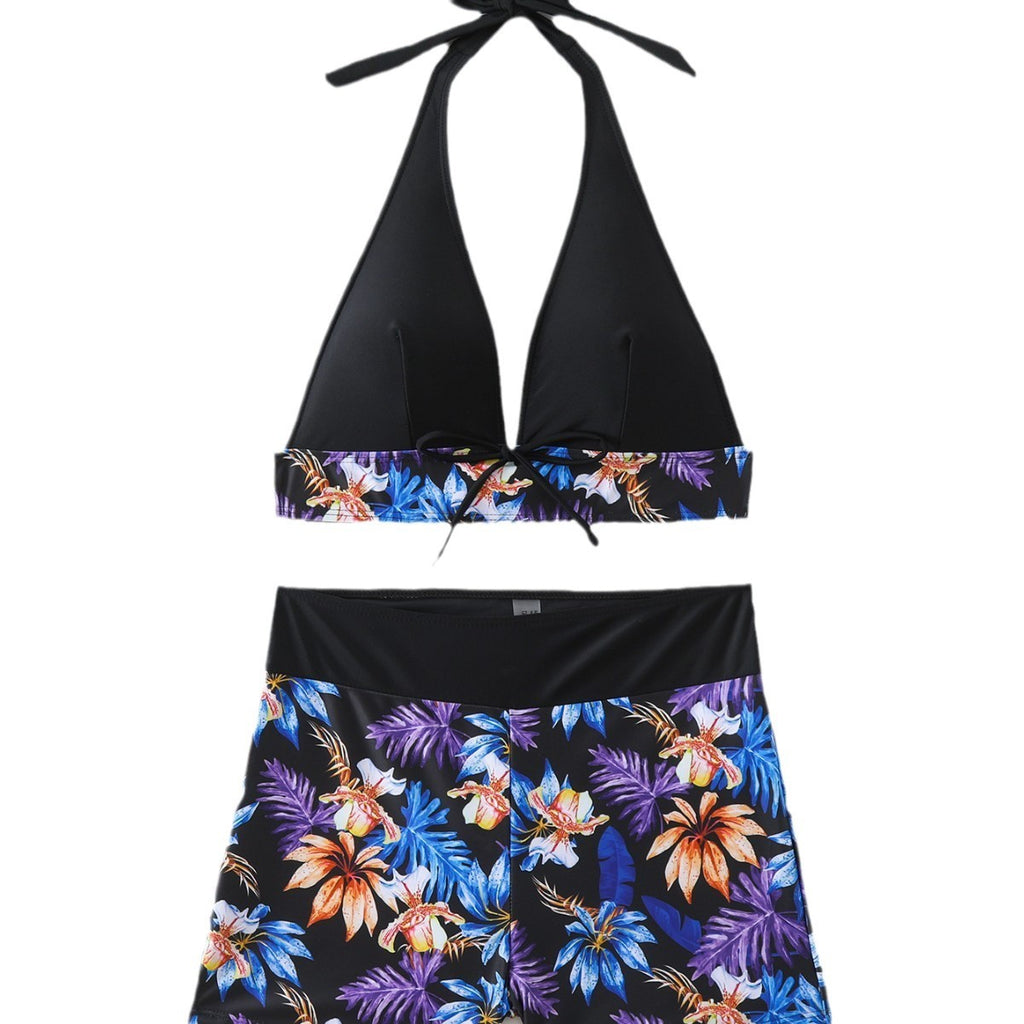 Digital Print Neck Drawstring Bikini Set with High Waist Boxer Bottom for Women