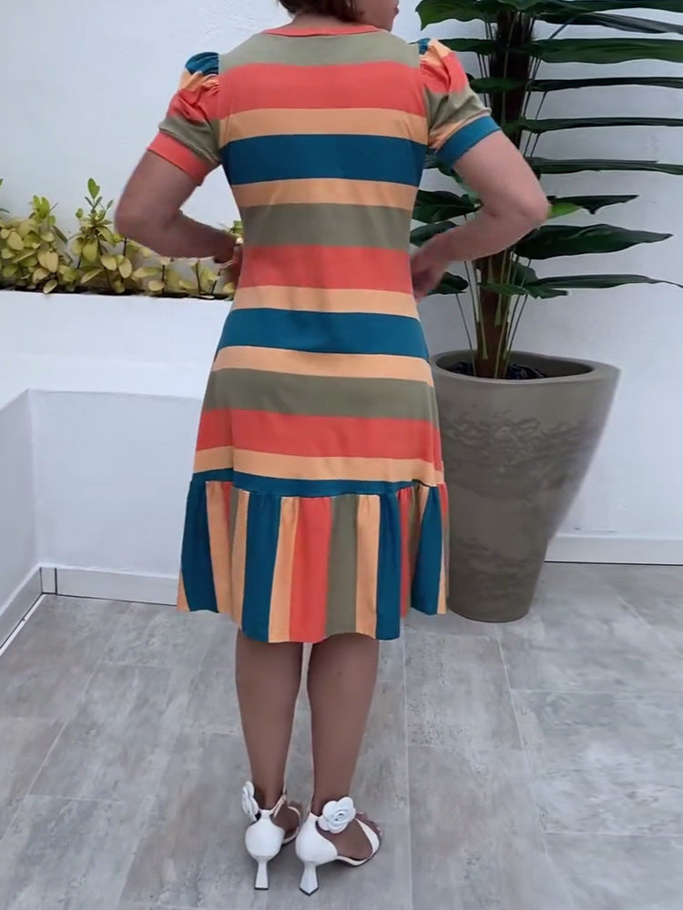 Women's Printed Round Neck Short Sleeve Contrast Color Casual Dress