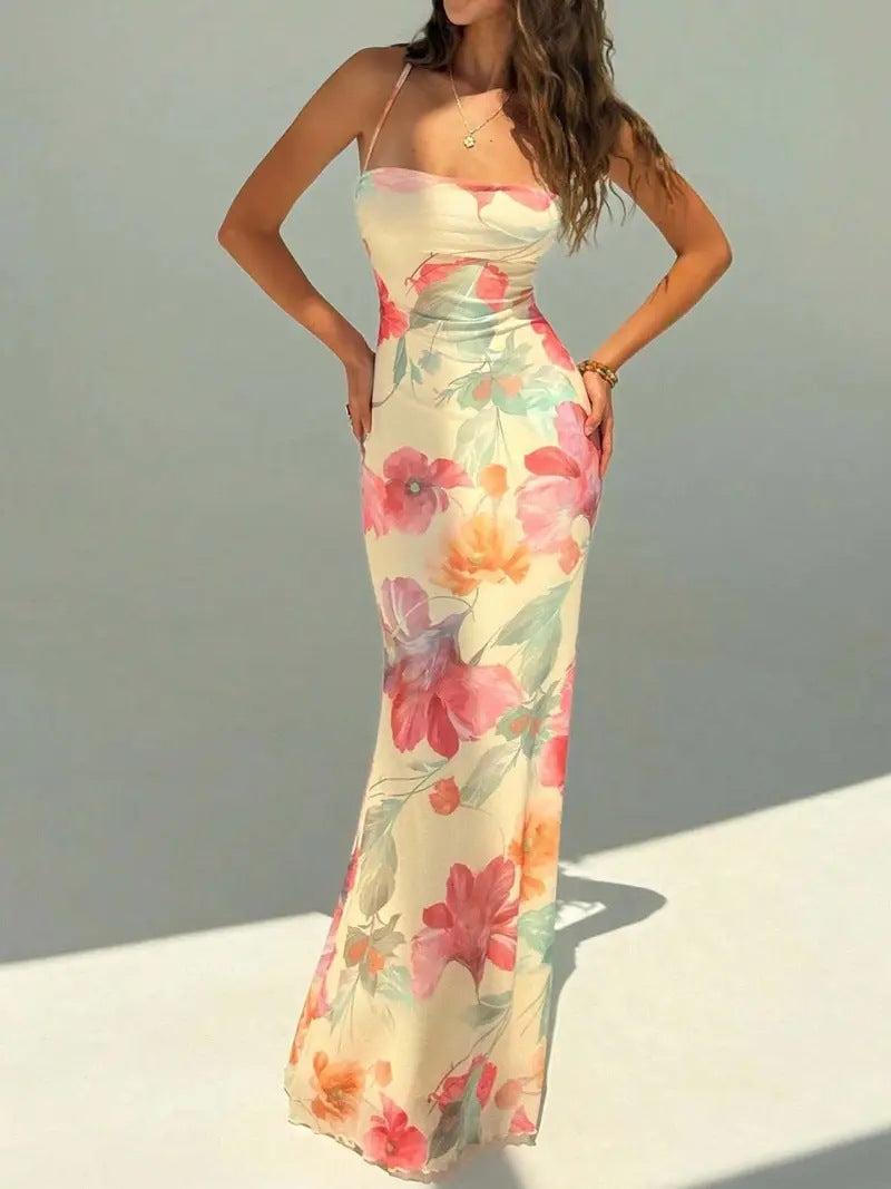 Women's Halter Vacation Dress – Printed Backless Tie-Up Cross-Strap Beach Maxi Dress, Lightweight Summer Holiday Outfit