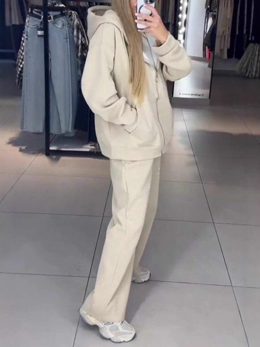 Women's Autumn & Winter Zip-Up Hooded Sweatshirt & Rhinestone Wide-Leg Pants Two-Piece Lounge Set