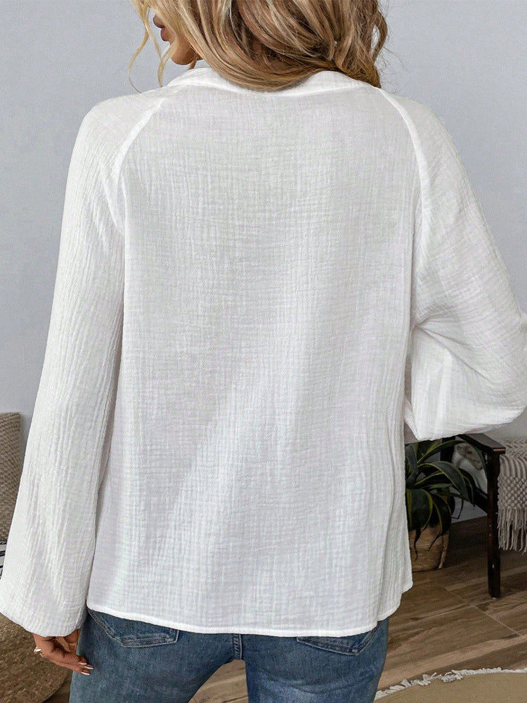 Women's Casual V-Neck Embroidered Long Sleeve Loose Fit Shirt Top