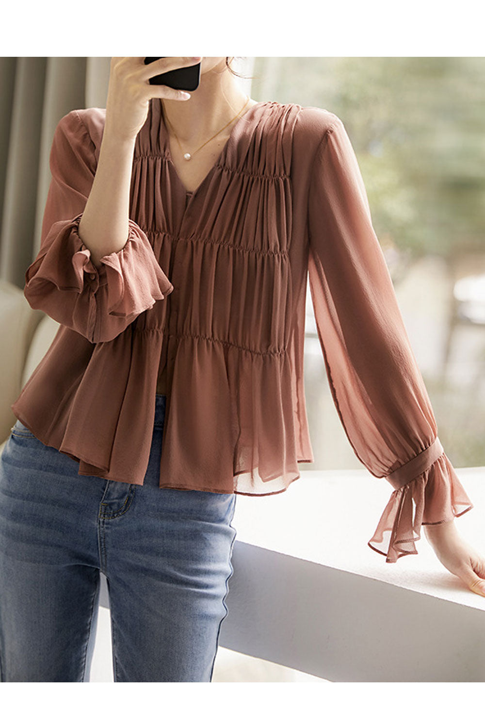 Women's Double Layer Hand Pleated Summer Silk Top