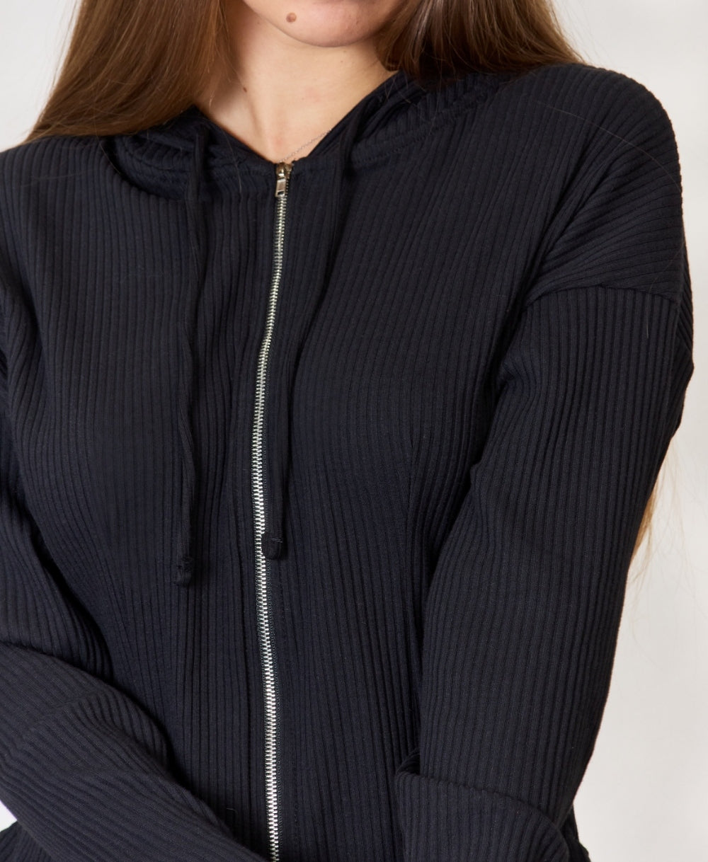 Culture Code Full Size Ribbed Zip Up Drawstring Hooded Jacket