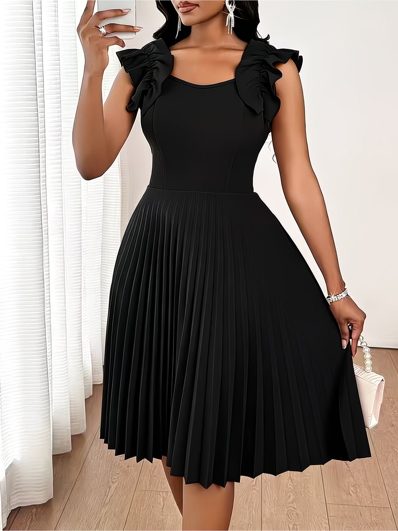Plus Size Women's Summer Elegant Ruffled Pleated Solid Color Waist-Cinching Midi Dress
