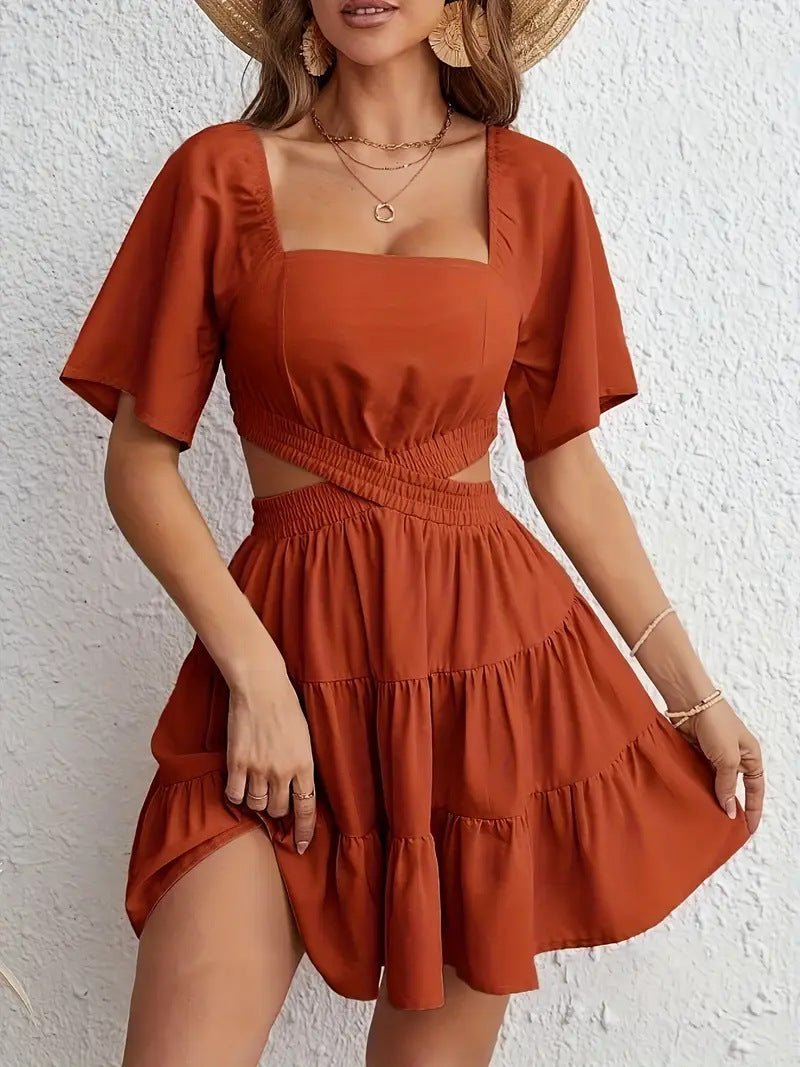 Women's Summer Square Neck Hollow Waist Solid Color Midi Dress