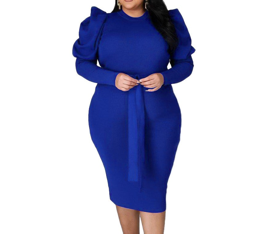 Women's Plus Size Long Sleeve Belted Slim Fit Midi Dress – Elegant & Flattering Curve-Hugging Style
