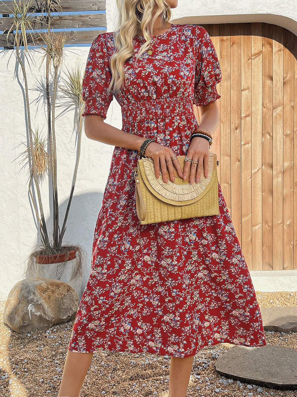 Women's Floral Puff Sleeve Summer Waist Tie Midi Dress with Flared Skirt