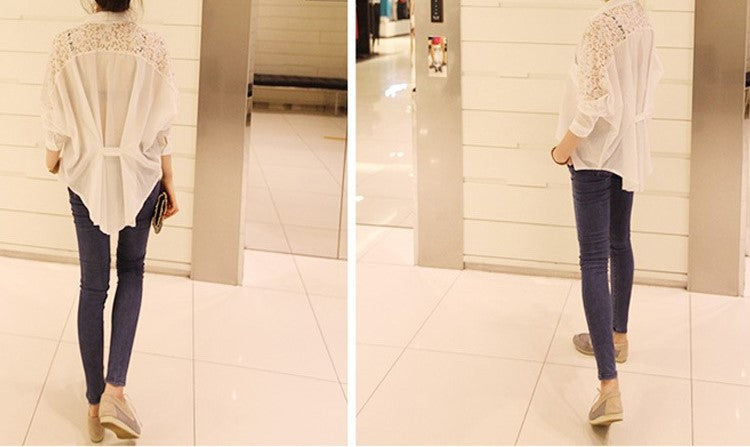 Spring & Autumn Women's Lace Stitching Chiffon Blouse – Loose Fit Batwing Sleeve Solid Color Shirt