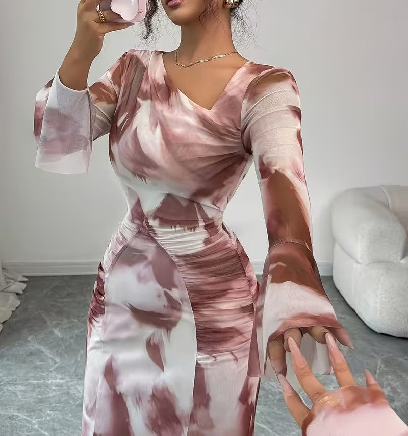 Women's Tie-Dye Printed Pleated Bell Sleeve Maxi Dress with Elegant Long Flowing Skirt