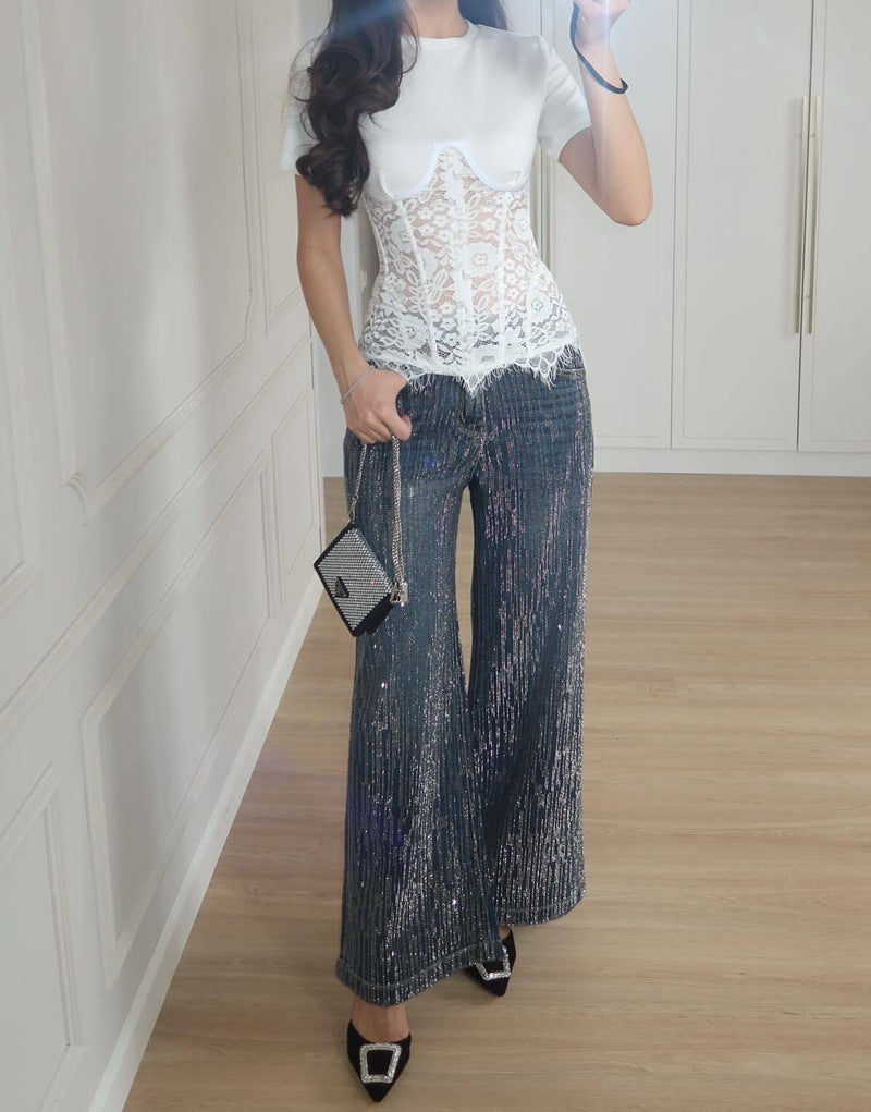 Summer Women's Solid Color Lace Patchwork Waist-Cinching Round Neck Short Sleeve Sheer Top