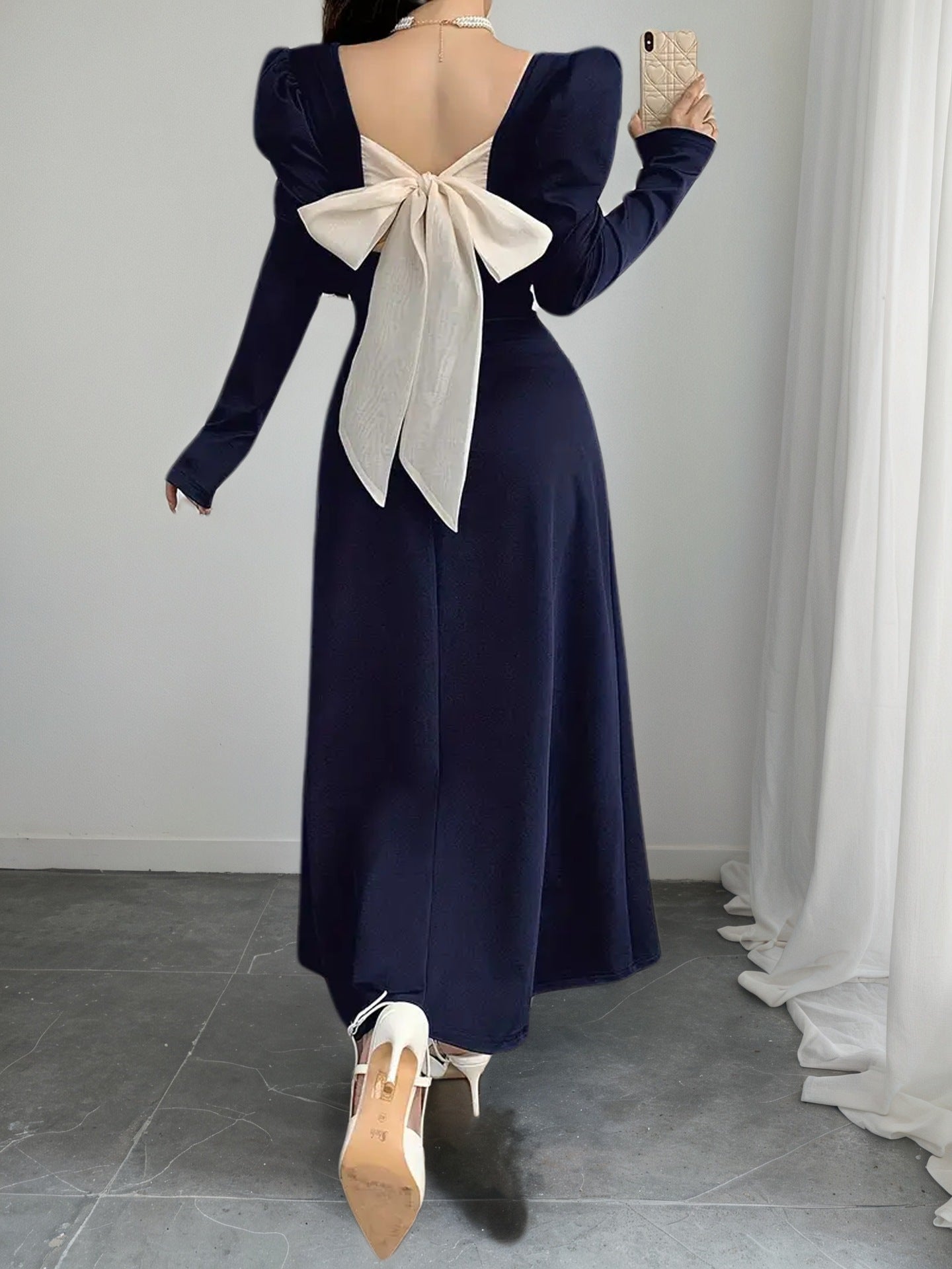 Women's French-Inspired Square Neck Back Design Bow Waist Long Sleeve Midi Dress