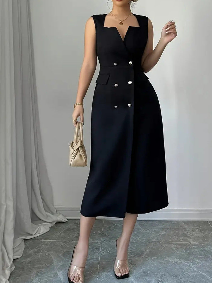 Women's Summer Elegant V-Neck Waist-Defined Split Hem Midi Dress with Modern Slim Fit