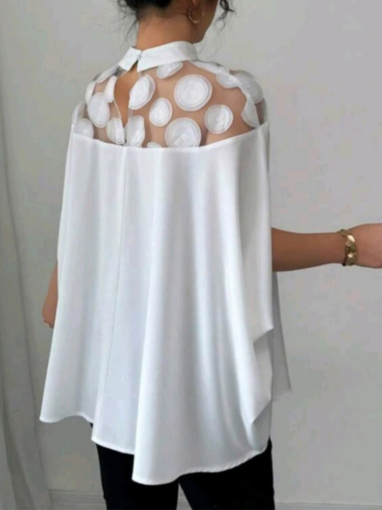 Summer Solid Color Mesh Shoulder Bat Sleeve Elegant Women's Casual Top
