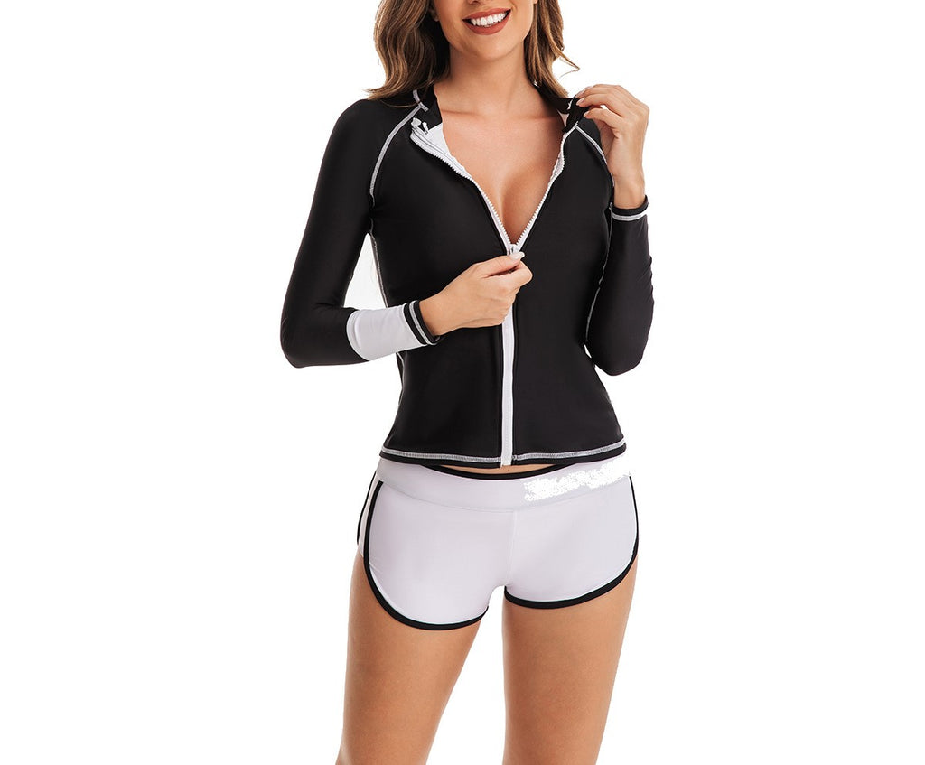 Women’s Two-Piece Flat-Angle Floral Surfing Swimsuit – Long-Sleeve Zip-Up Rash Guard Cardigan Tankini Set