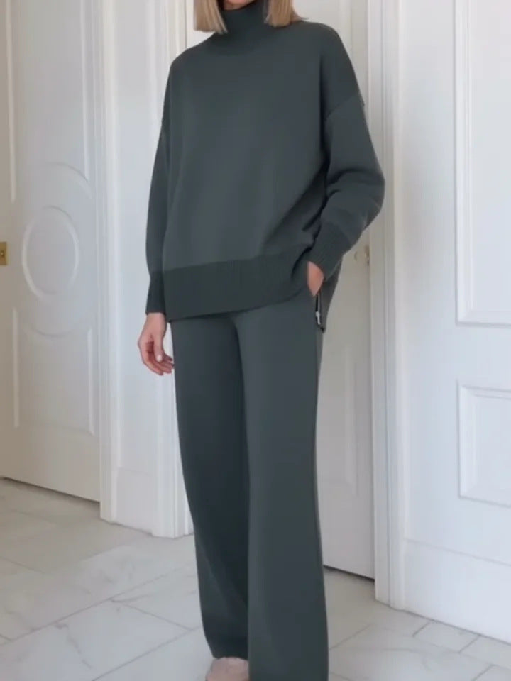 Women's Elegant Casual Workwear 2-Piece Outfit – Long Sleeve Top & Matching Pants Set