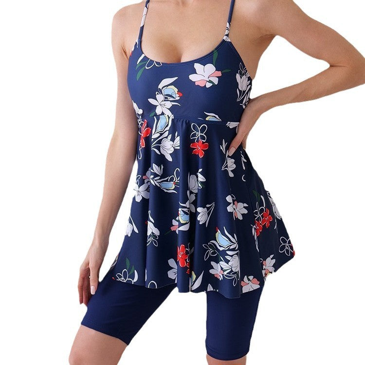 New Digital Print Sling Slim-Fit High Waist Split Swimsuit with Short Skirt Design