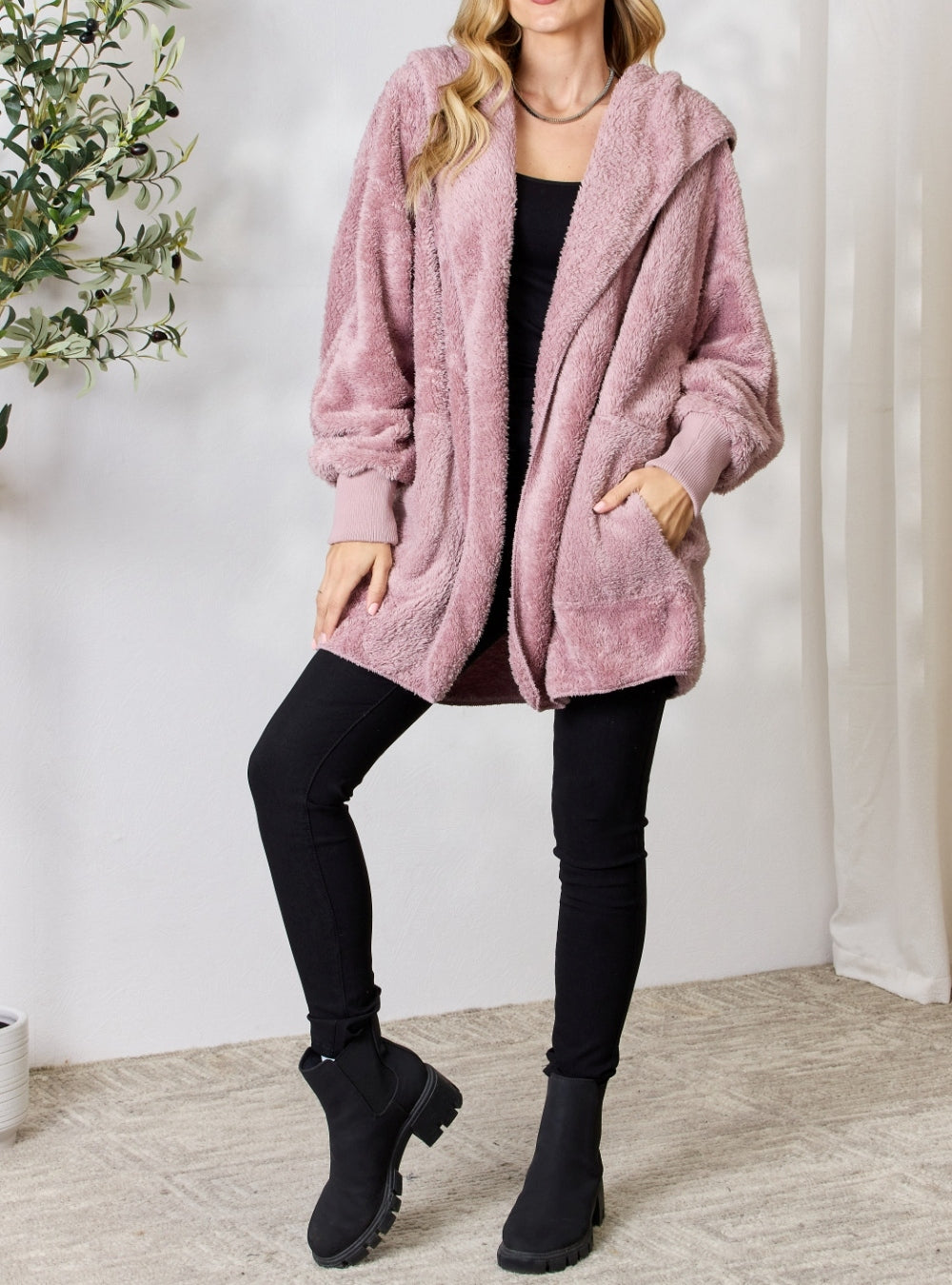 Women's H&T Faux Fur Open Front Hooded Jacket