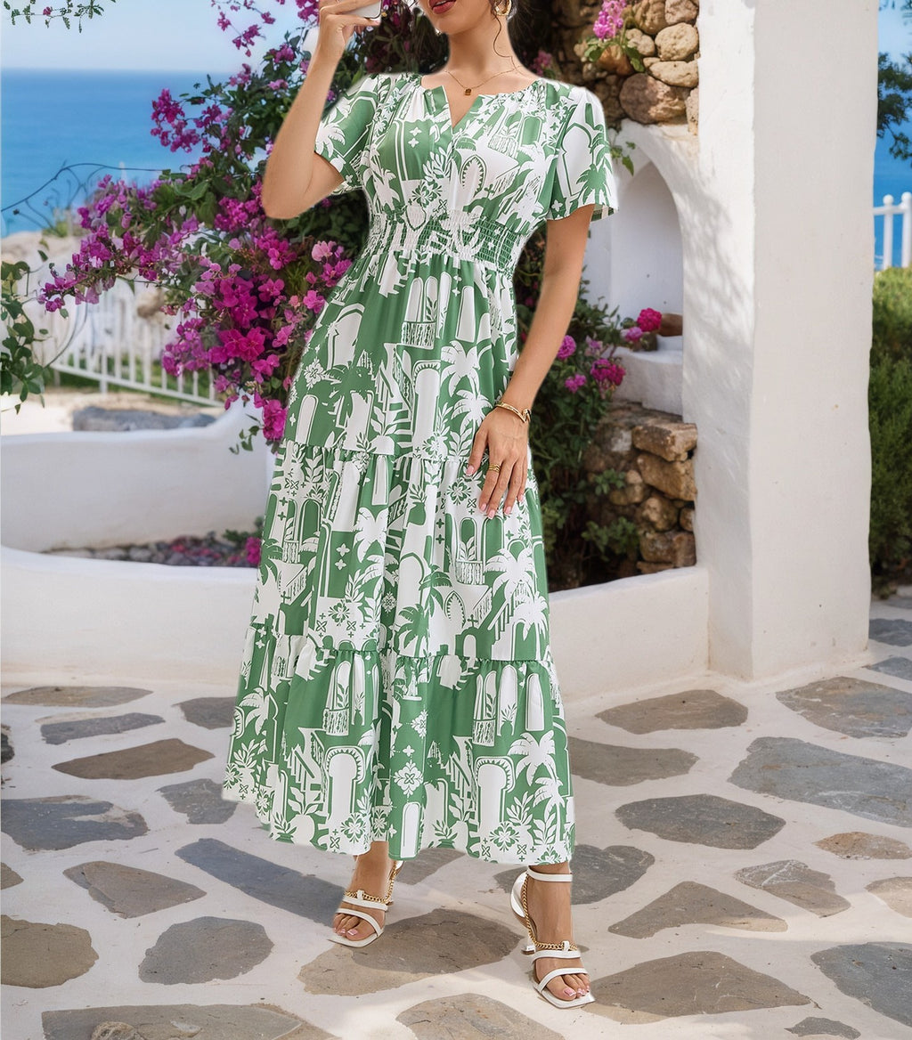 Women's Casual Printed V-Neck Waist-Cinching Summer Holiday Maxi Dress