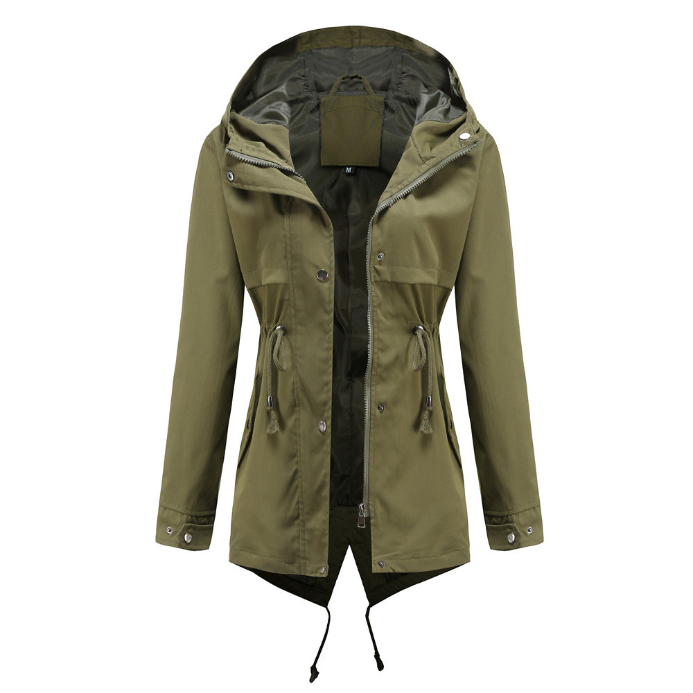 New Style Mid-Length Hooded Trench Coat – Long Sleeve Slim Fit Outdoor Raincoat