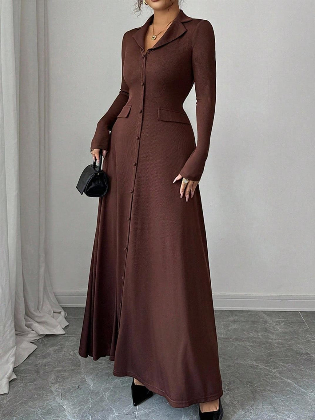 Women's Solid Color Lapel Button Front Slim Fit Shirt Dress for Office, Casual, and Everyday Wear