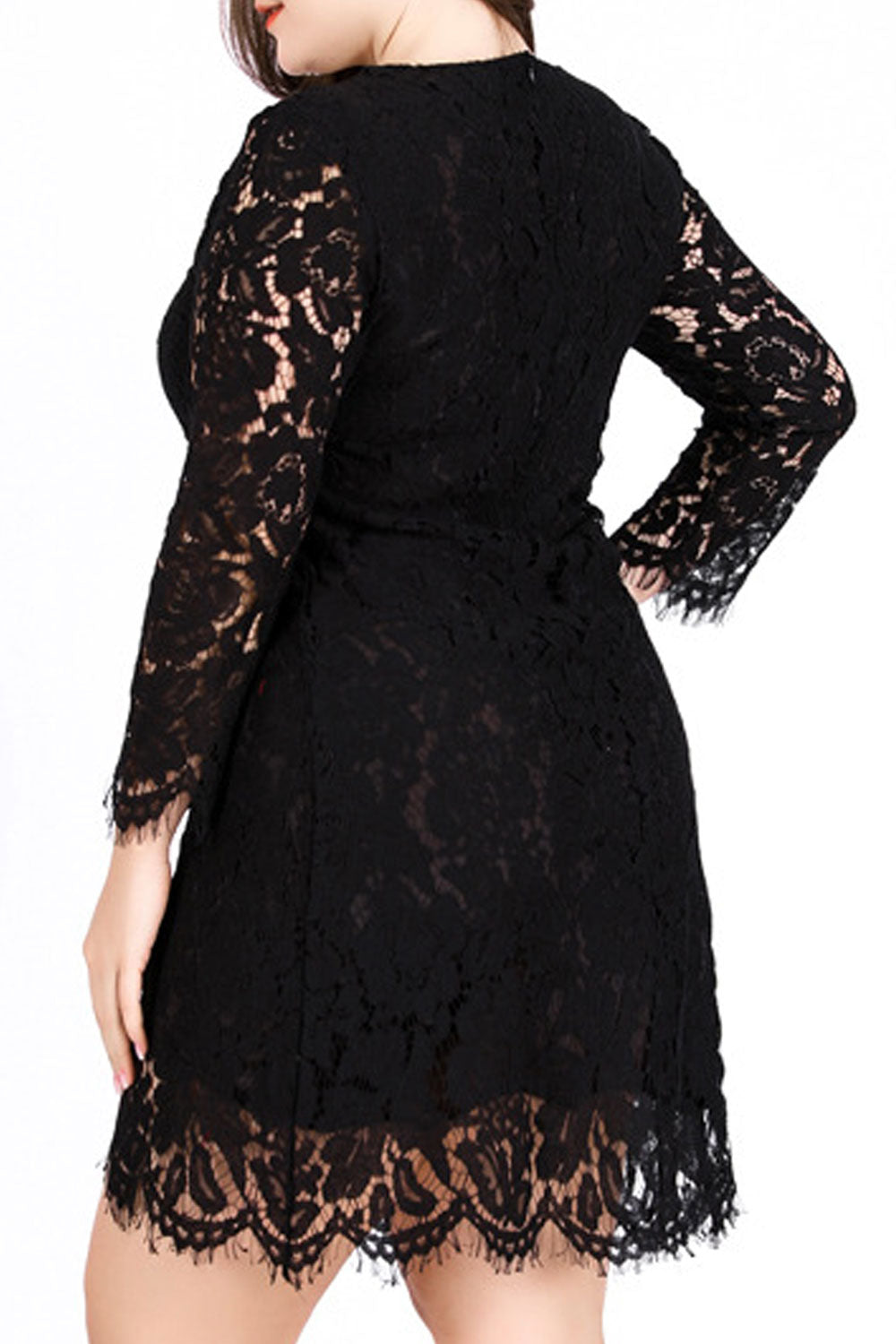 Women Fabulous Floral Lace Decorated Long Sleeve Round Neck Appealing Dress