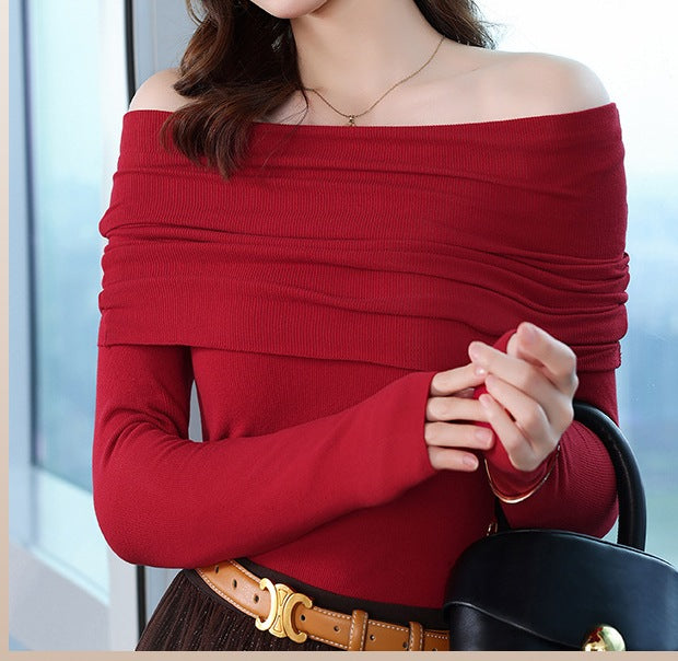 Women's Off-Shoulder Slim-Fit Knit Top - Elegant Autumn Style