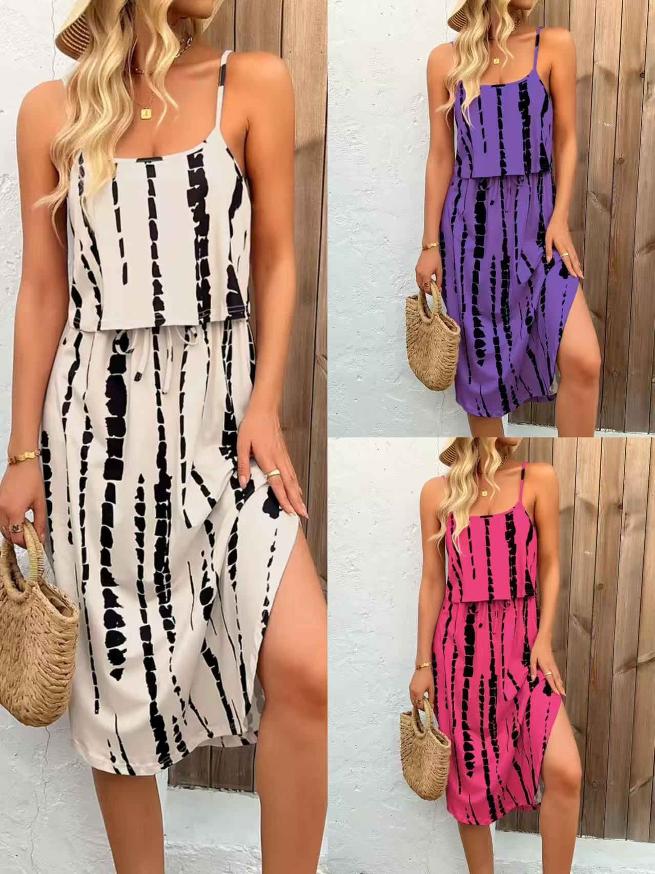 Women's Summer Striped Print Sleeveless Slit Maxi Dress Casual Lightweight Fashion Outfit