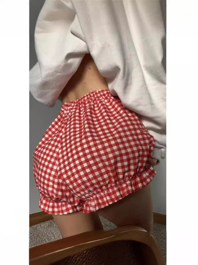 Women's High-Waisted Plaid Shorts with Small Bow
