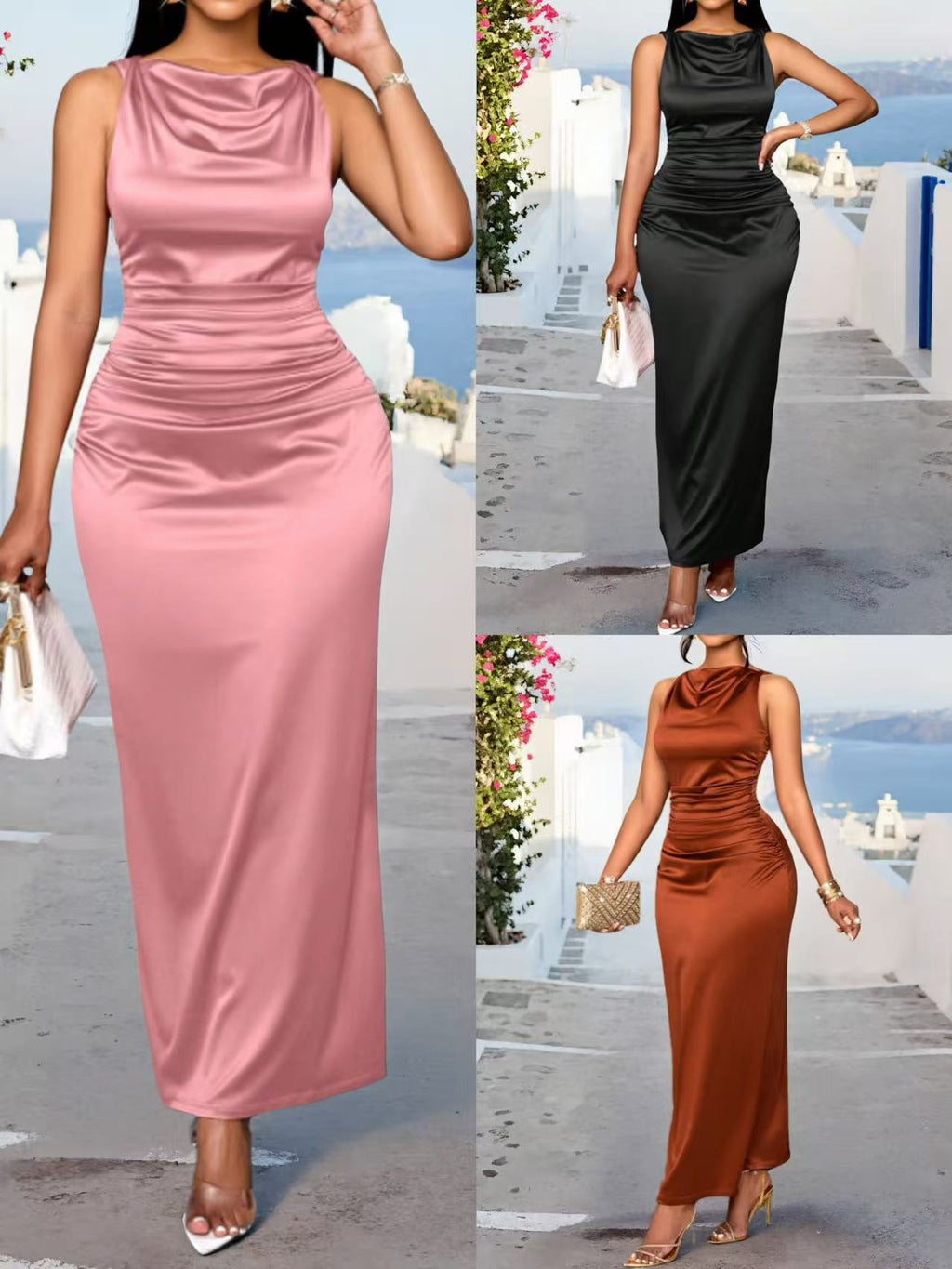 Women's Summer Solid Color Pleated Sleeveless Dress Elegant Casual Midi Dress for Vacation, Daily Wear and Special Occasions