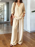 Women's Casual V-Neck Long-Sleeve Top and Long Pants Two-Piece Set