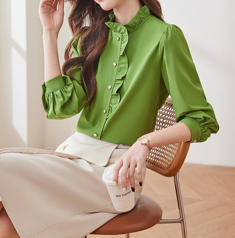 Women's Long Sleeve Ruffle Lace Collar Spring Shirt
