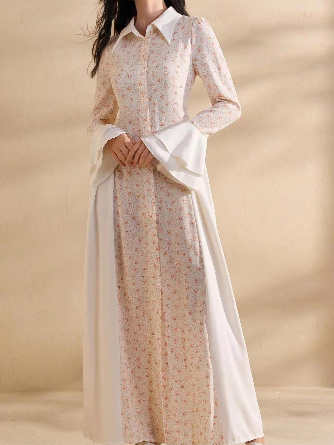 Women's Summer Elegant Long Sleeve Button Front Bell Sleeve Maxi Dress