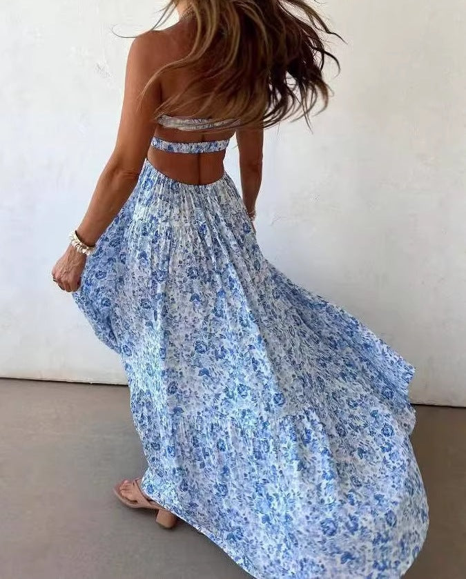 Women's Strapless Sleeveless Backless Floral Dress – Elegant Printed Summer Dress