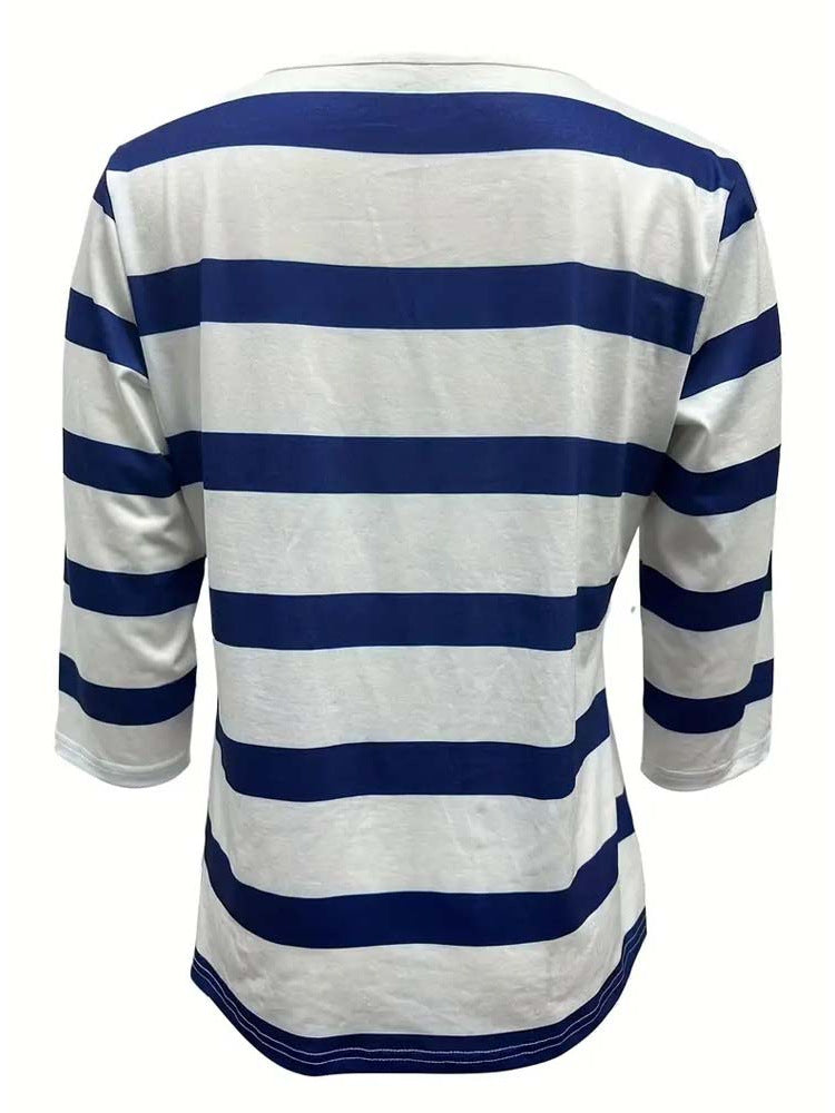 Summer Casual V-Neck Button Striped T-Shirt for Women – Short Sleeve Everyday Fashion Top