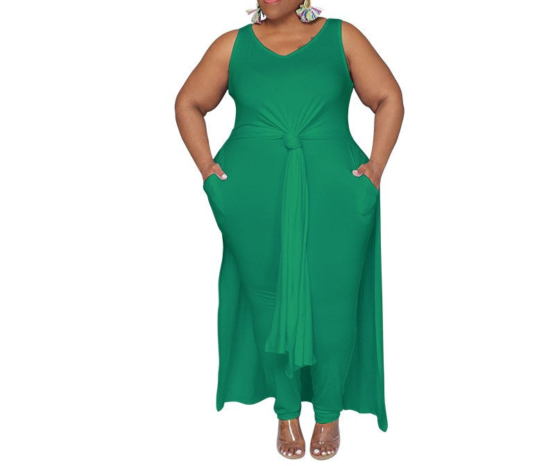 Plus Size Women's Sleeveless V-Neck Slim Skirt Suit – Solid Color Casual Set with Slit & Pockets