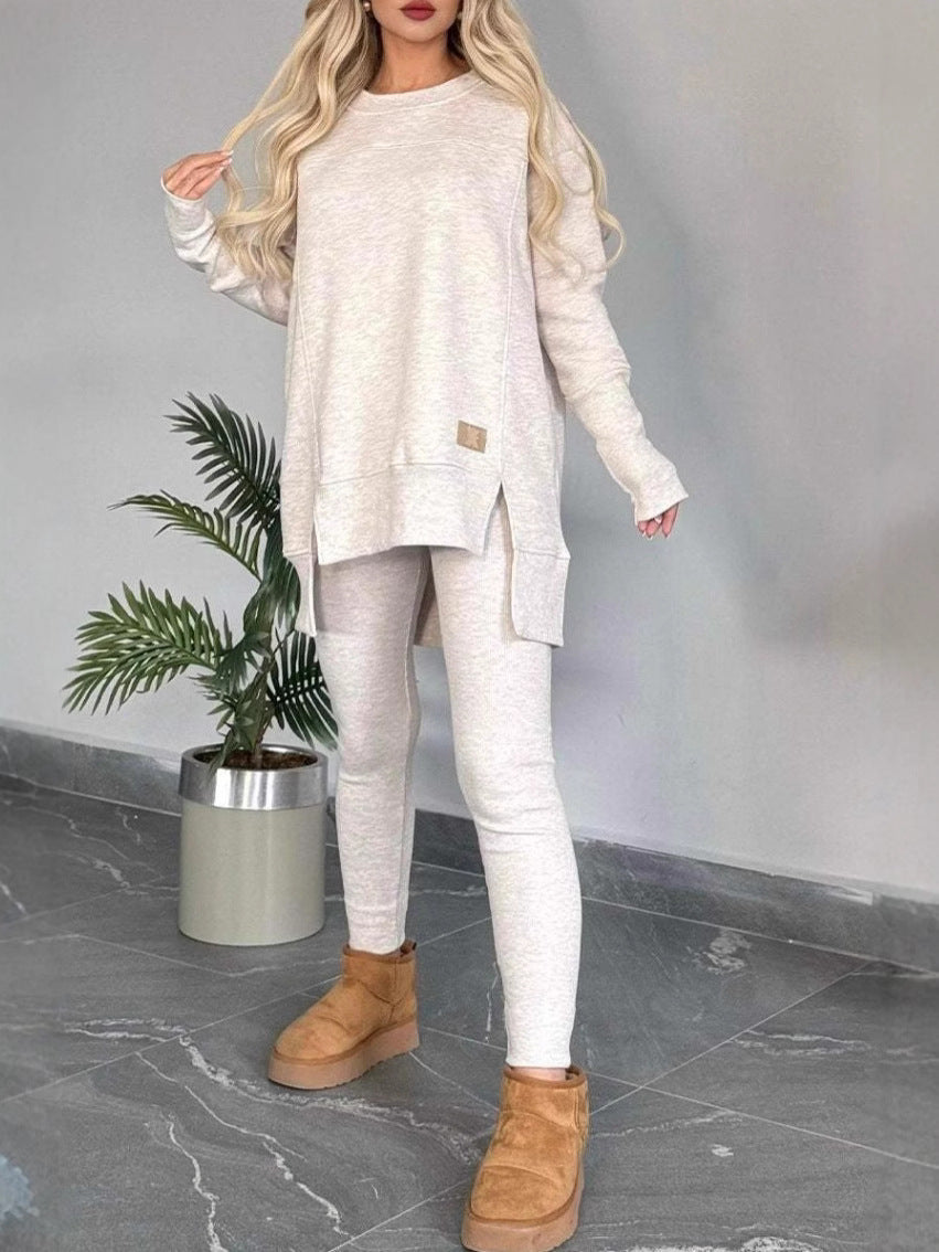 Women's Casual Solid Color Long Sleeve Round Neck Top with Side Slit and German Fleece 2-Piece Lounge Set