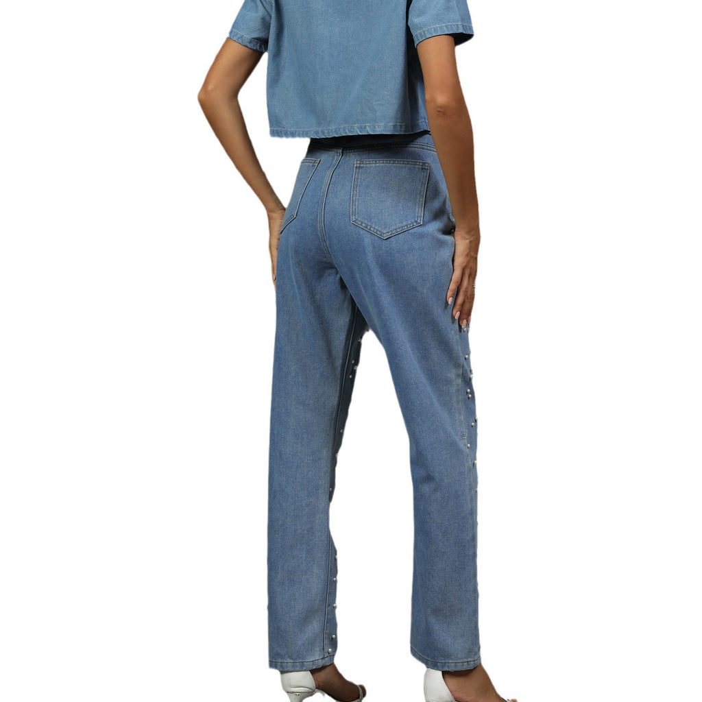 Women's Autumn Washed Denim Pearl Straight-Leg Jeans