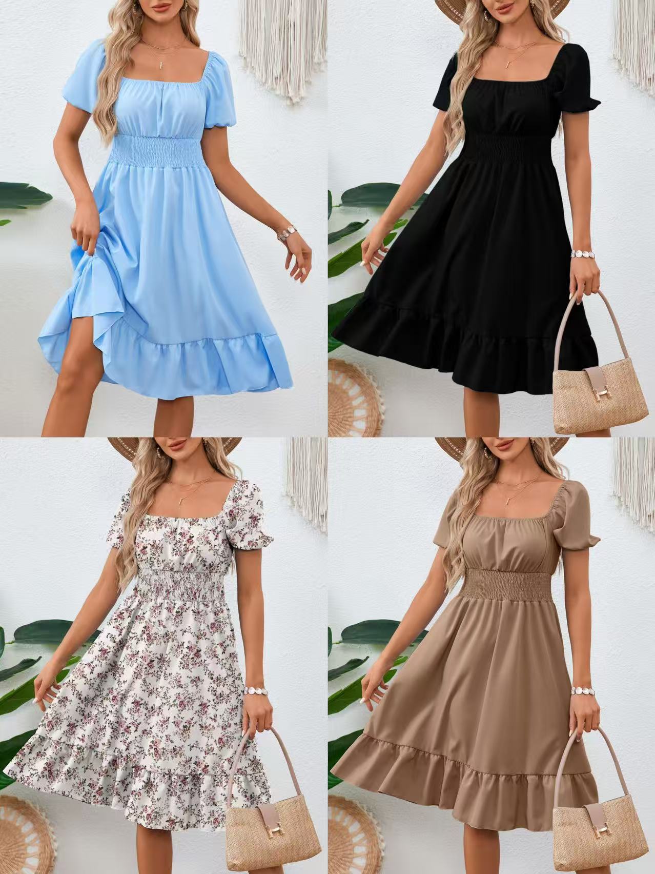 Women's Solid Color Square Collar Ruffled A-Line Dress Casual All-Match Midi Dress