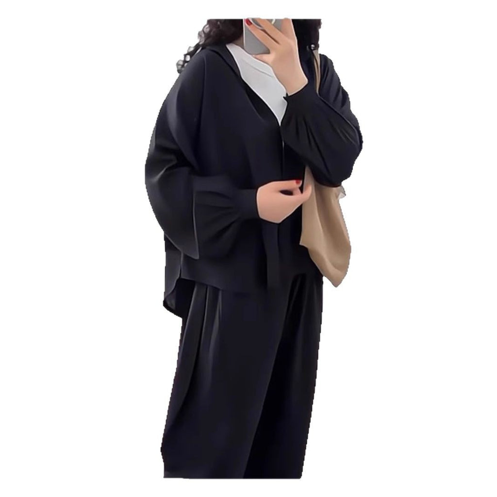 Lazy Style Women's Casual Cardigan & Solid Color Pants Two-Piece Set