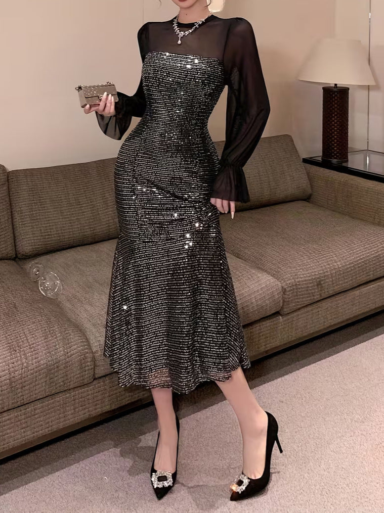 Women's Elegant Sequin Chiffon Spliced Banquet Dress – Long Sleeve Slim Fit Party Midi Dress